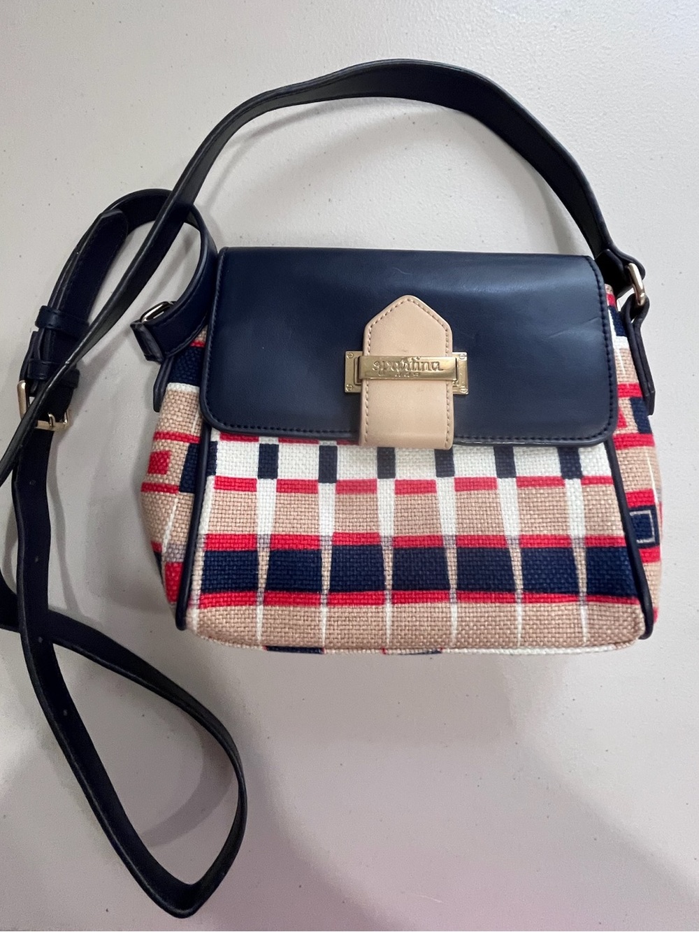 Spartina 449 Navy Red Tan Plaid Linen Canvas Crossbody Bag